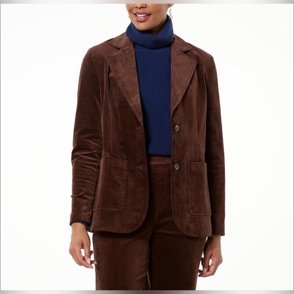 DG2 Diane Gilman Brown Velvet Stretch Blazer Jacket Career Office Boardroom